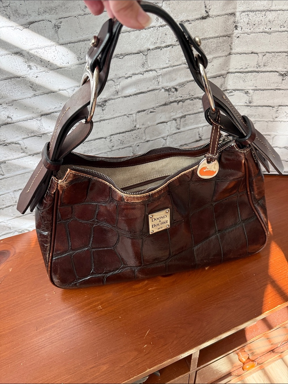 Dooney & Bourke Dark Brown Croc-Embossed Leather Shoulder Bag